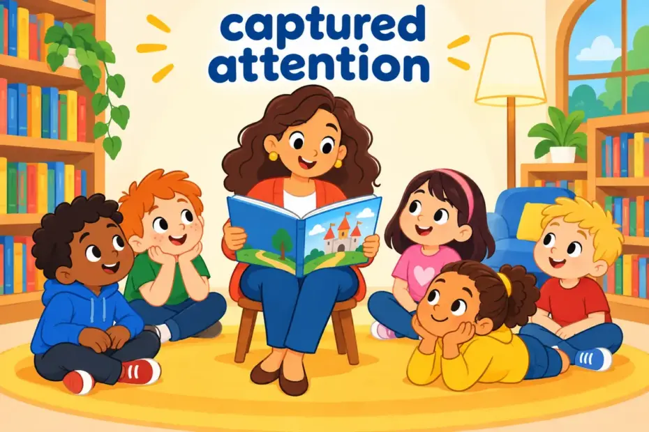Cartoon children sit spellbound around a storyteller, showing enthrall in a sentence as holding an audience completely.