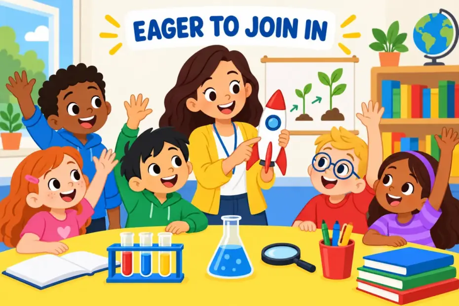 Cartoon children raise their hands to join a classroom project, showing enthusiasm in a sentence as eager interest.
