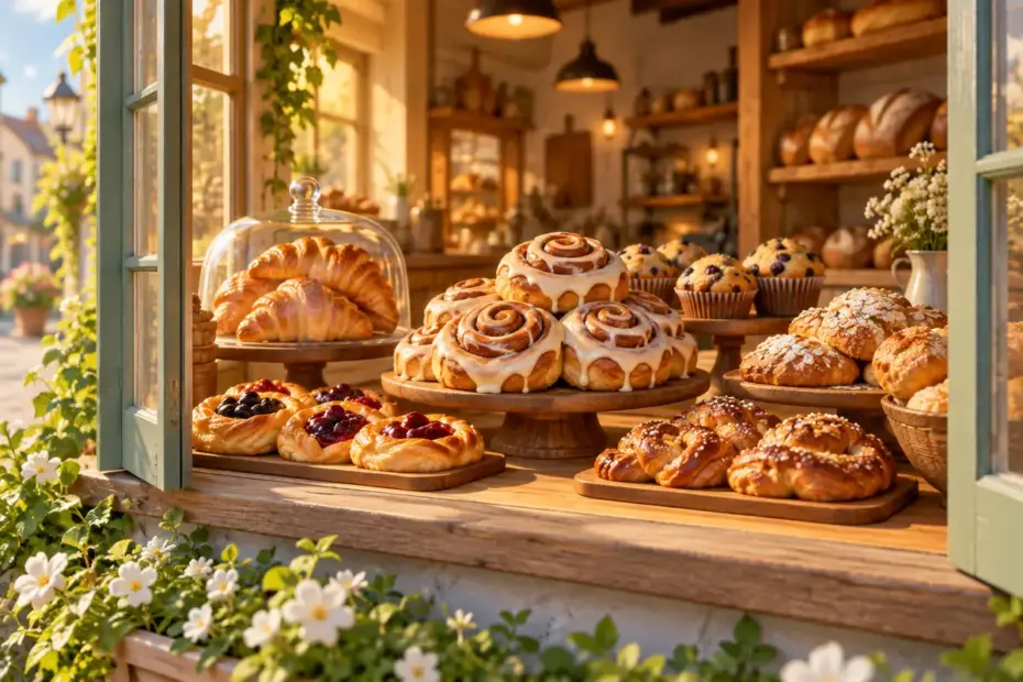 A warm bakery display of cinnamon rolls and pastries looks appealing to a passerby.