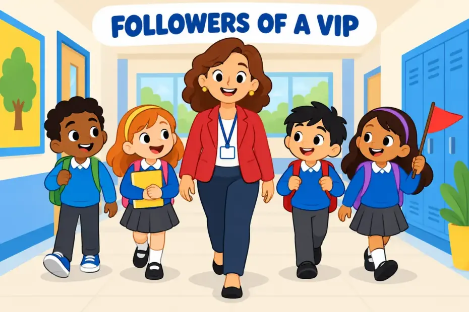 Cartoon children walk in a neat group behind a visiting grown-up, illustrating entourage in a sentence as an accompanying group.