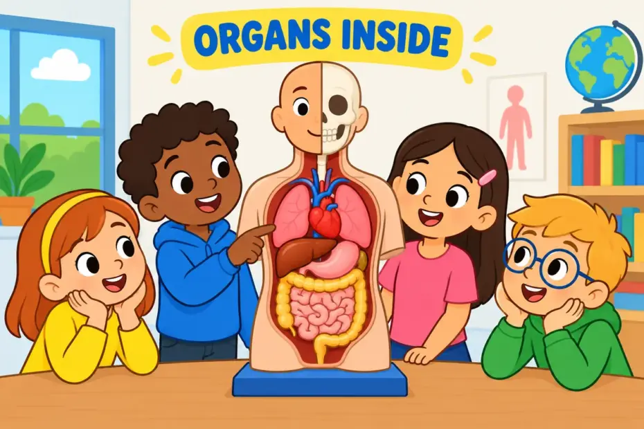 Cartoon pupils study a cutaway model showing entrails in a sentence as the soft organs packed inside a body.