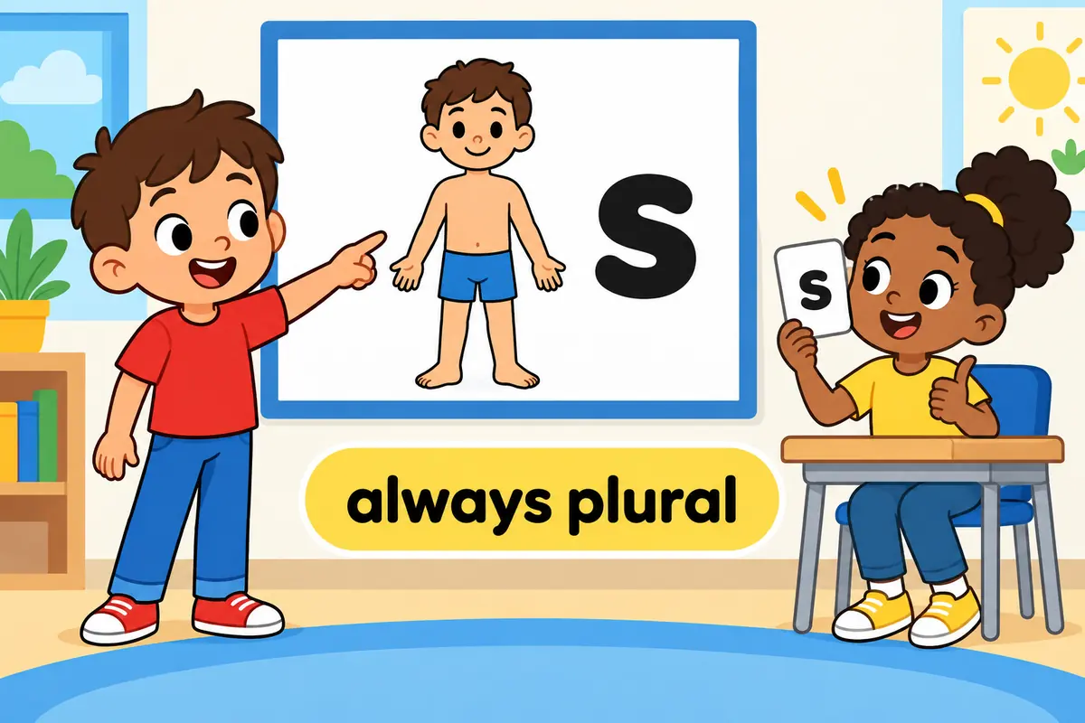 A cartoon wall chart shows the noun entrails keeping its plural ending beside two organ cards.