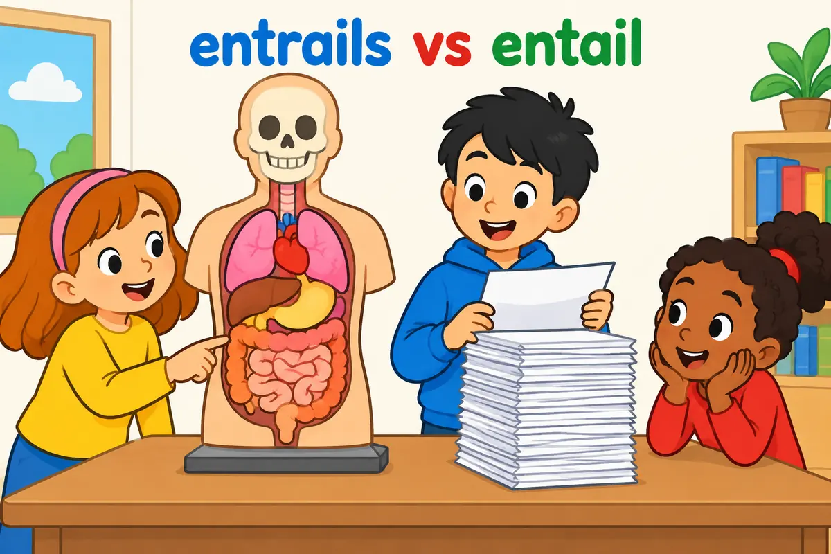 A simplified classroom anatomy model sits beside forms, contrasting entrails with the verb entail.