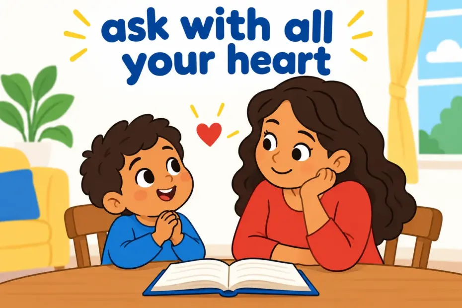A cartoon child clasps hands and pleads with a parent, illustrating entreat in a sentence as an earnest request.
