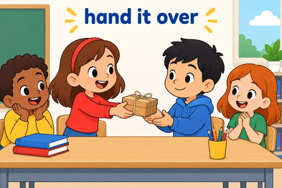 Cartoon child passes a small wooden box to a trusted friend, showing entrust in a sentence as handing something into care.