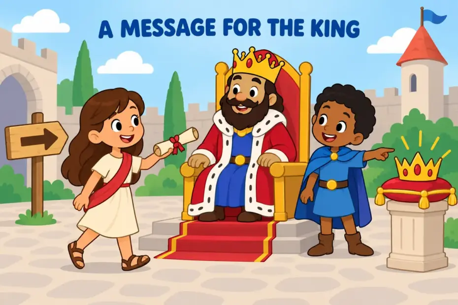 A cartoon child carries a scroll toward a throne, showing envoy in a sentence as a messenger sent to represent others.