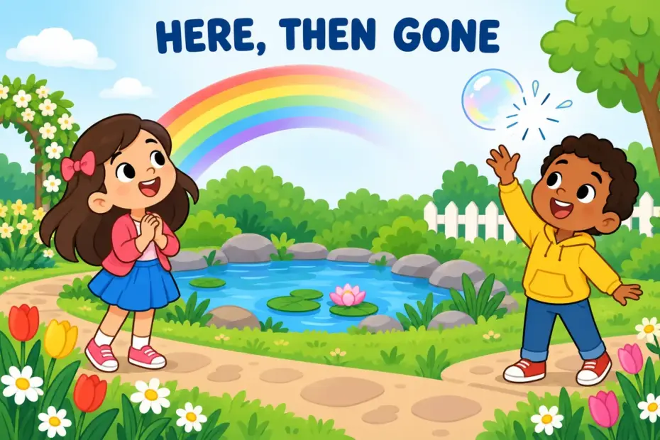Cartoon children watch a fading rainbow and a popping bubble, showing ephemeral in a sentence as lasting only a short time.