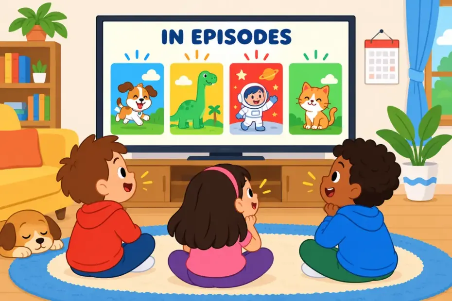 Cartoon children watch separate episode cards drop one at a time onto a home screen, showing episodic in a sentence as separate instalments.