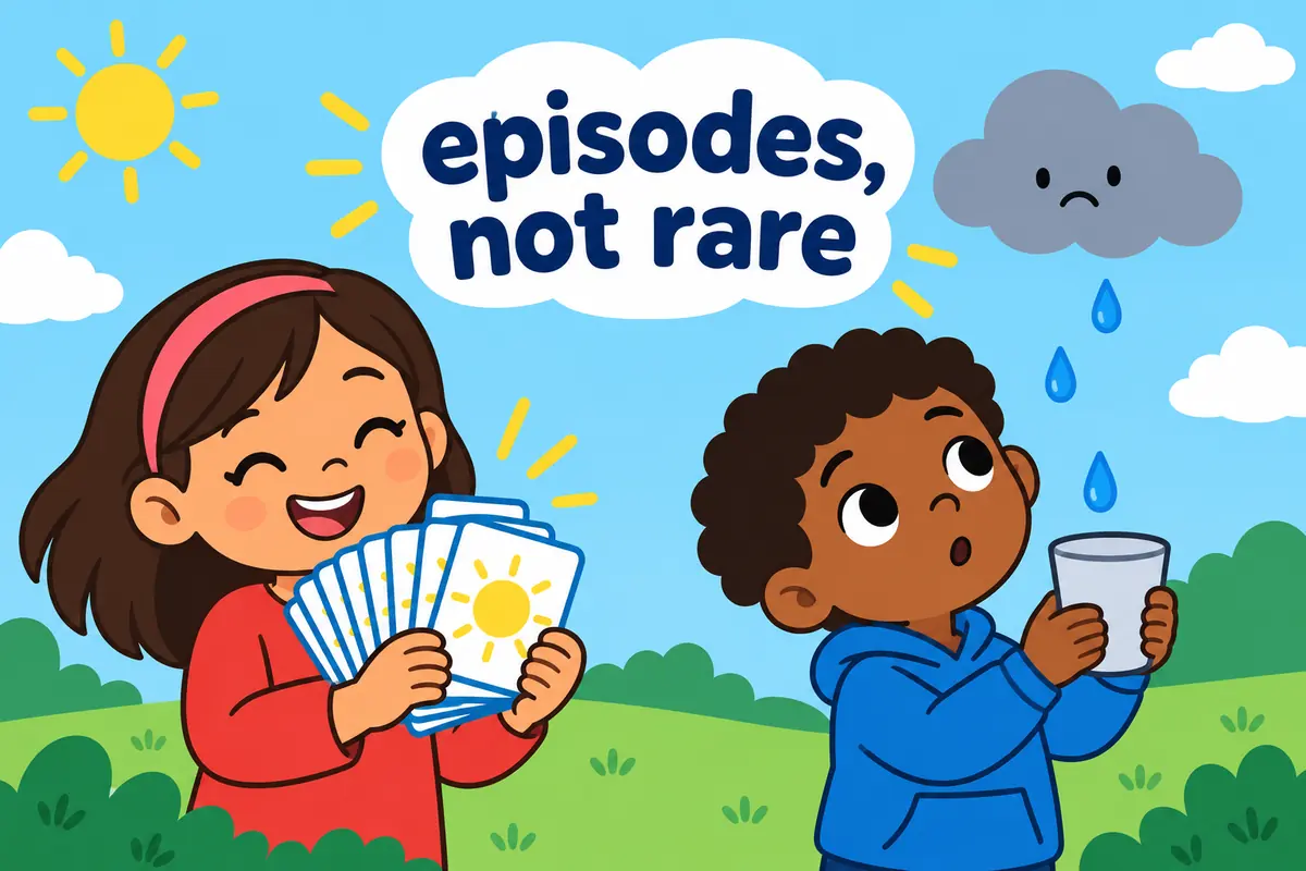 A cartoon scene brings both ideas together to show episodic in a sentence.