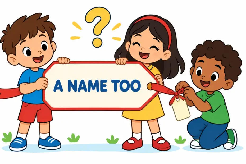 Cartoon children hold a large name tag with a describing label hanging from it, illustrating epithet in a sentence.