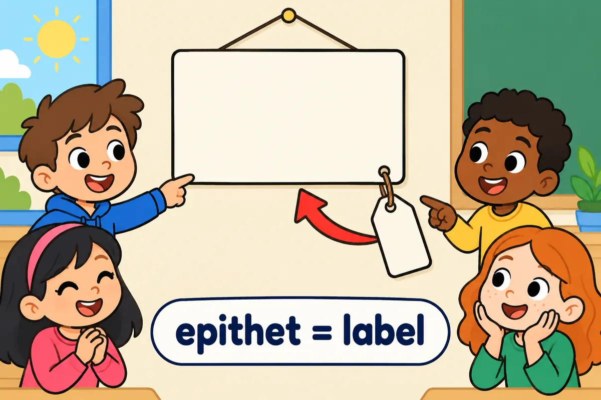 A cartoon name card has a descriptive label hanging from it on a small string.