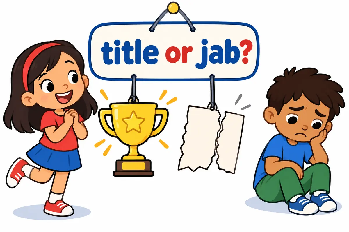 A cartoon trophy card and a torn label card hang from the same name tag on a string.
