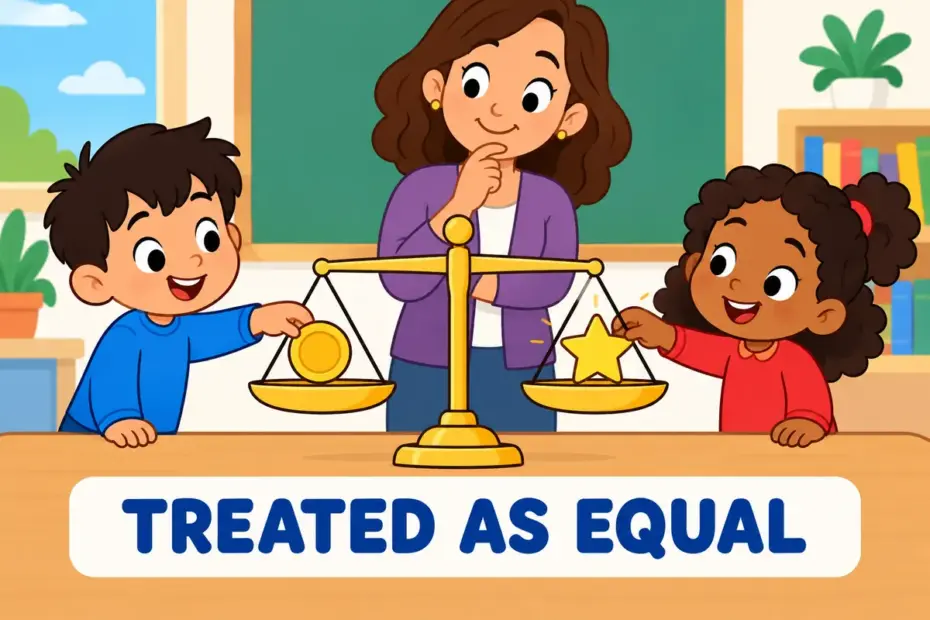 Cartoon children place a coin and a star on a balance scale, showing equate in a sentence as treating two different things as the same.