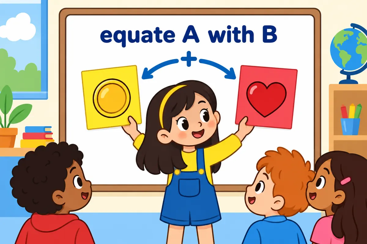 A cartoon board shows two noun cards slotted either side of the word equate with a linking arrow, illustrating equate in a sentence.