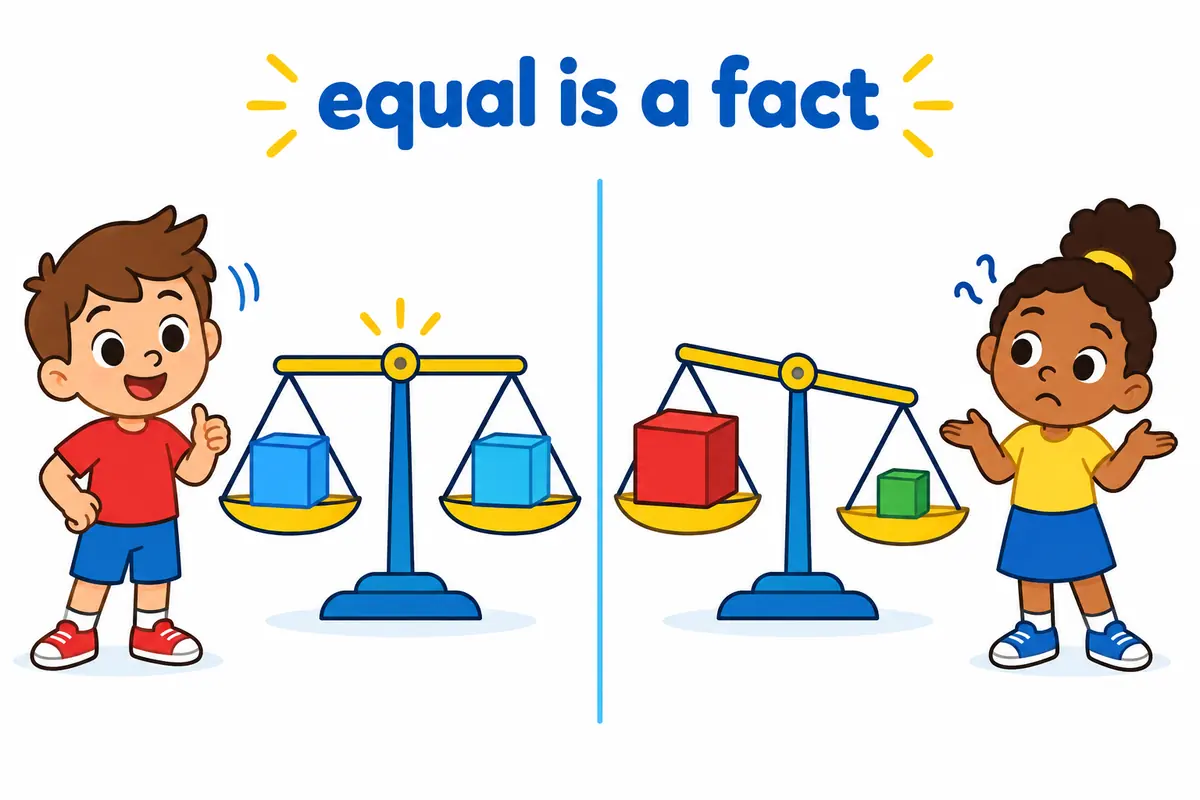 A cartoon pair of scales compares two equal weights with two unequal ones to show that equal is a fact while equate is a judgement.