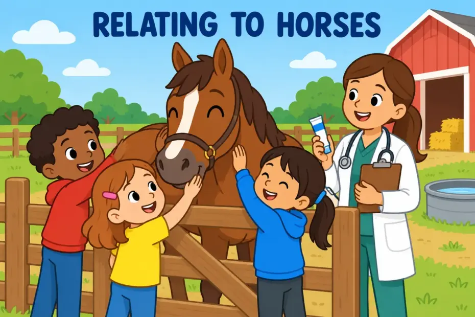 Cartoon children stroke a friendly horse at a farm gate, showing equine in a sentence as the word for anything relating to horses.