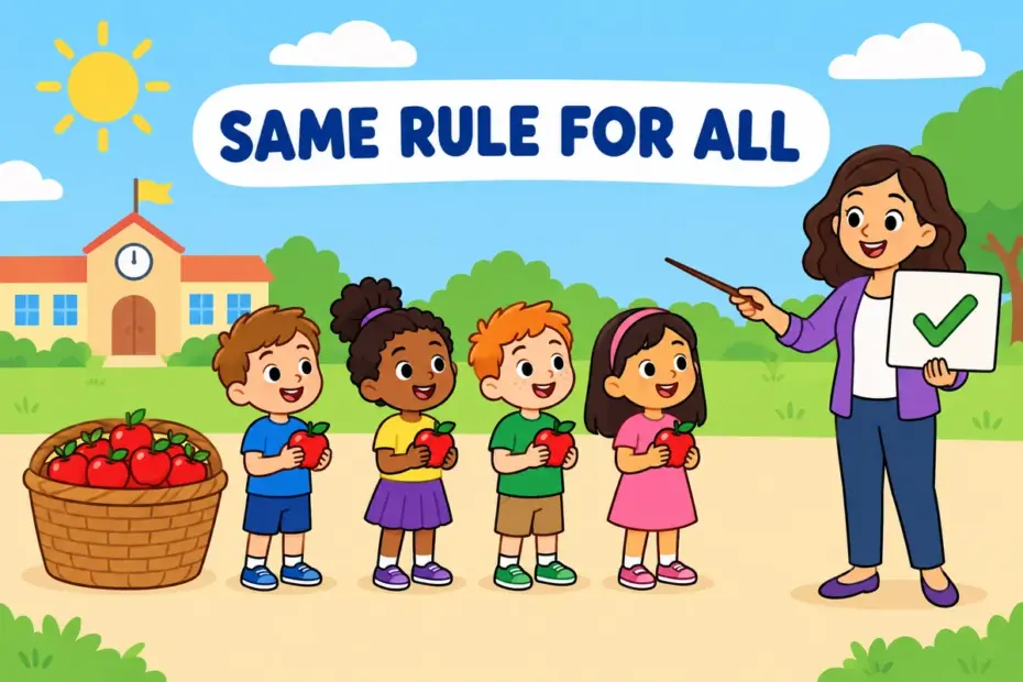 Cartoon children share a basket of apples by a single fair rule, showing equitable in a sentence as one standard for everyone.