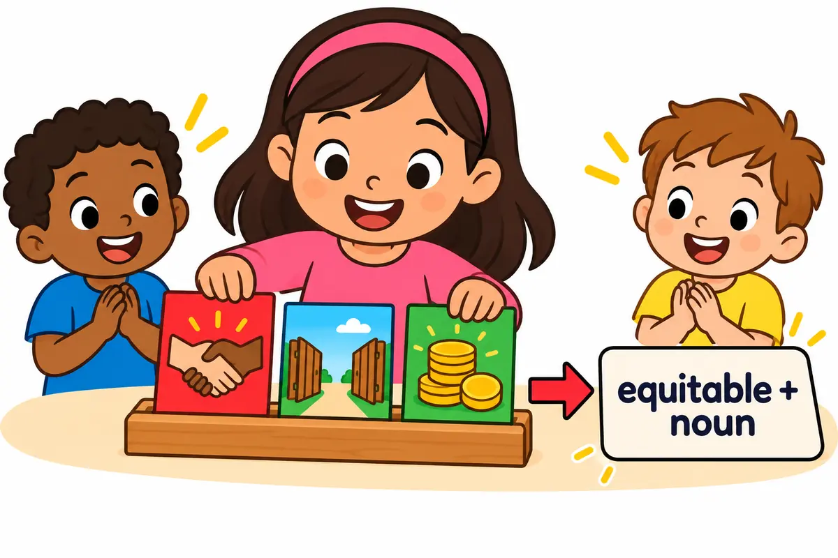 Three cartoon cards place the word equitable right before the pictured nouns settlement, access and pay.