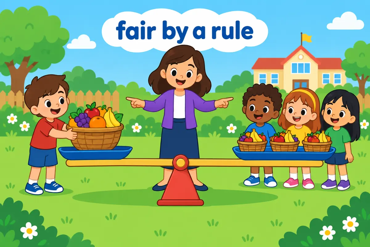 A cartoon balance shows an equitable share of fruit on one side and three equal-size portions on the other.