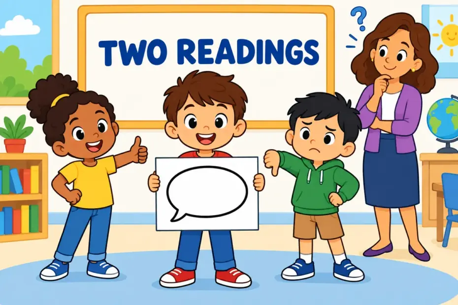 Cartoon pupils hold up one sign that two classmates read in opposite ways, showing equivocal in a sentence as unclear meaning.