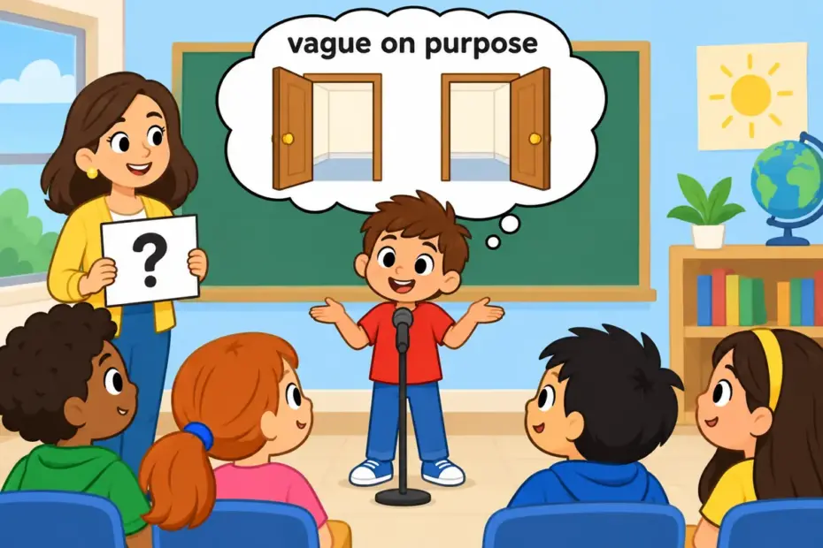 Cartoon pupil at a classroom microphone gives a vague answer as two doors open in a thought bubble, showing equivocate in a sentence.