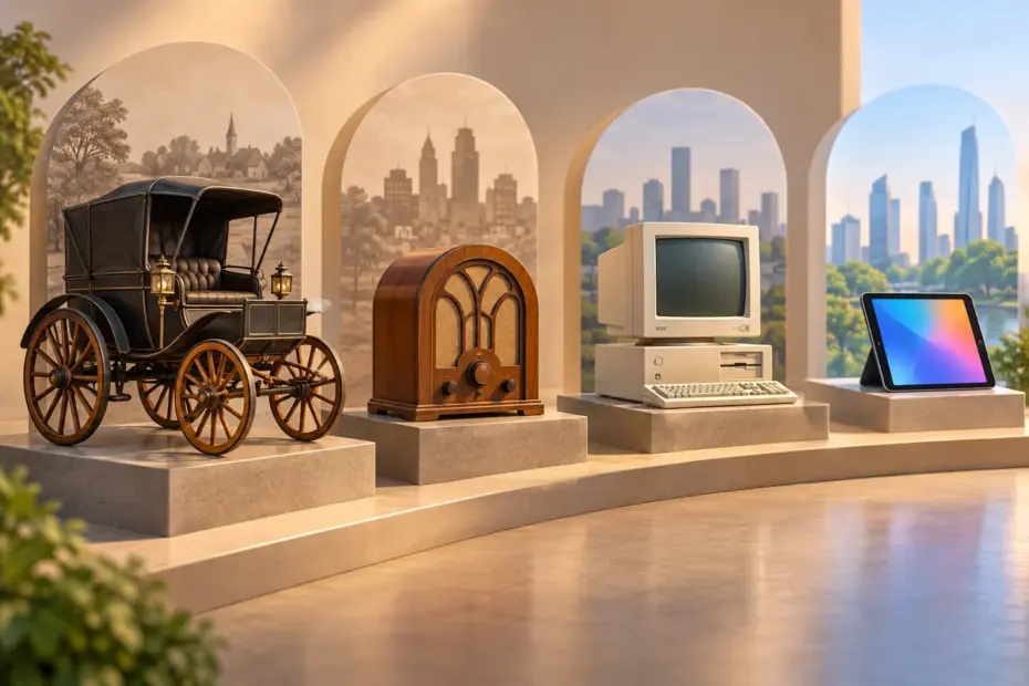 A museum-style timeline moves from an old carriage and radio toward a computer and tablet.