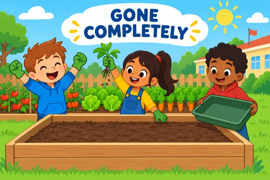 Cartoon pupils clear every weed from a garden bed, showing eradicate in a sentence as removing something completely.