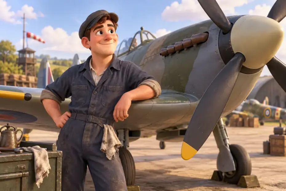 A historical ground crew member standing beside an aircraft.