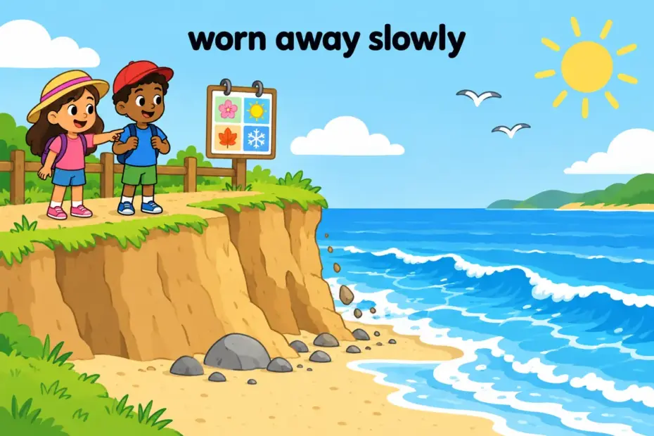 Cartoon waves wear away a sandy cliff beside a calendar, showing erode in a sentence as slow wearing away.