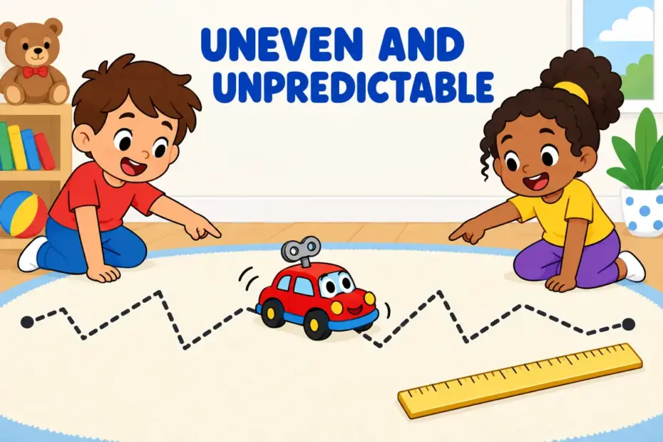 Cartoon children watch a toy car zigzag, showing erratic in a sentence as movement with no steady line.