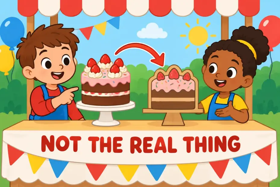 Cartoon pupils compare a cardboard cake with a real gateau, showing ersatz in a sentence as an inferior substitute.