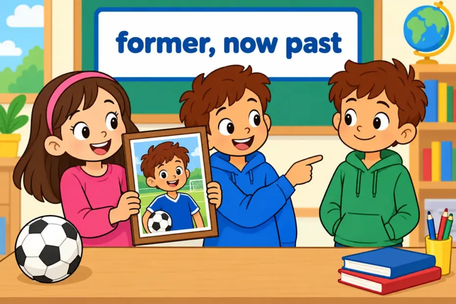 Cartoon children look at a photo of a former team captain, showing erstwhile in a sentence as a role that has ended.