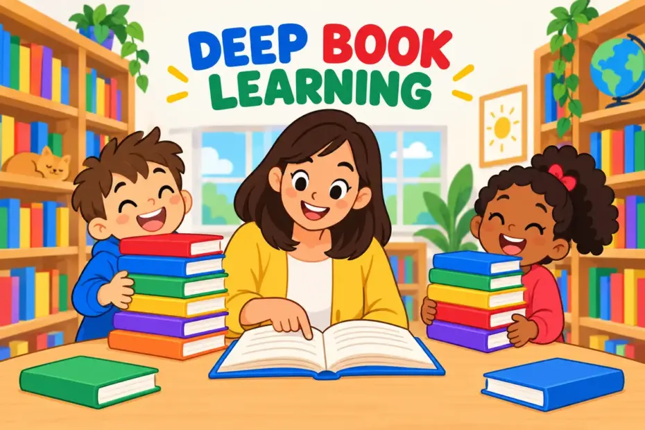Cartoon children stack tall towers of books beside a smiling teacher, showing erudite in a sentence as wide deep reading.