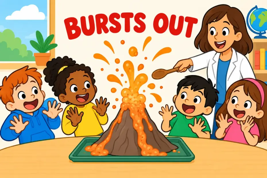 Cartoon children watch a model volcano erupt in a classroom, showing erupt in a sentence as a sudden burst.