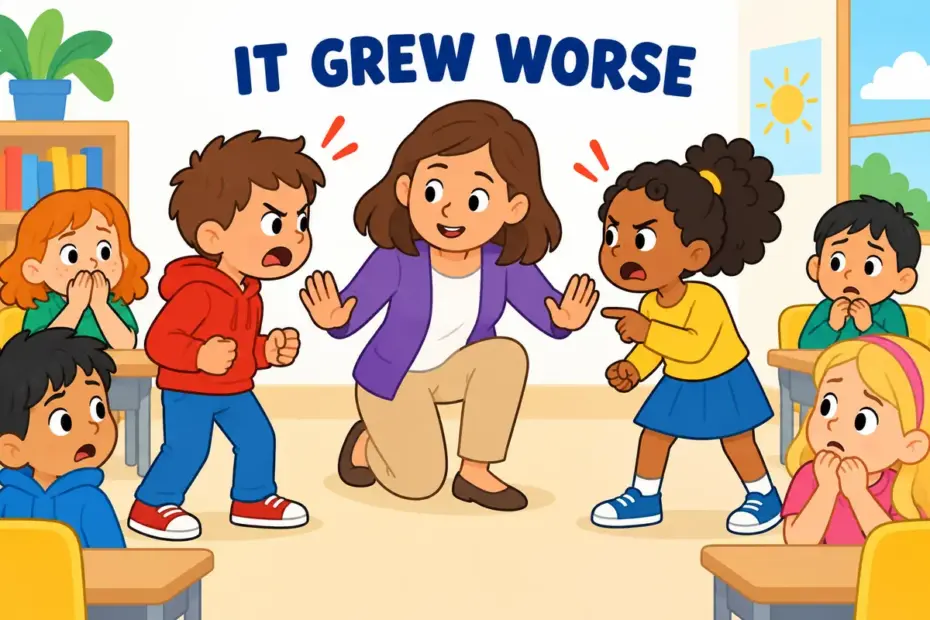 A classroom disagreement grows more serious before a teacher helps, illustrating escalate in a sentence.