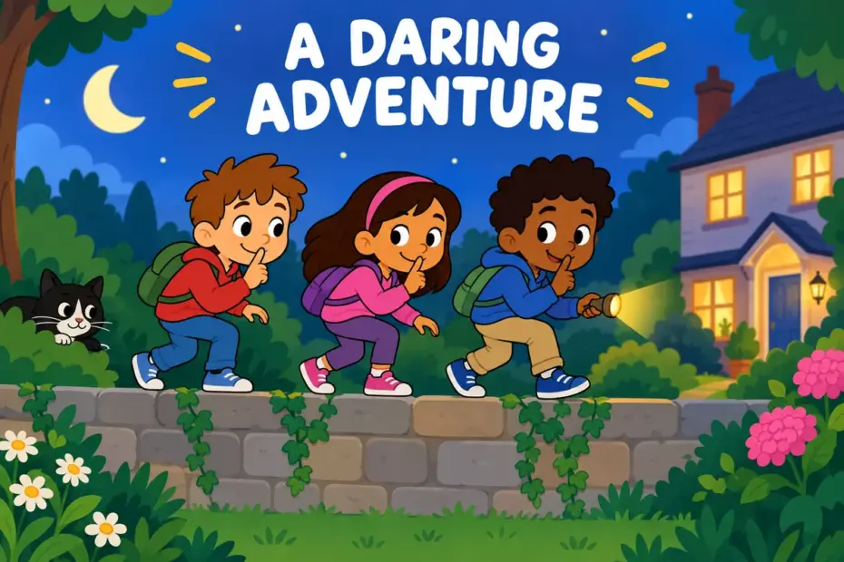 Cartoon children tiptoe along a garden wall at dusk, showing escapade in a sentence as a mischievous adventure.