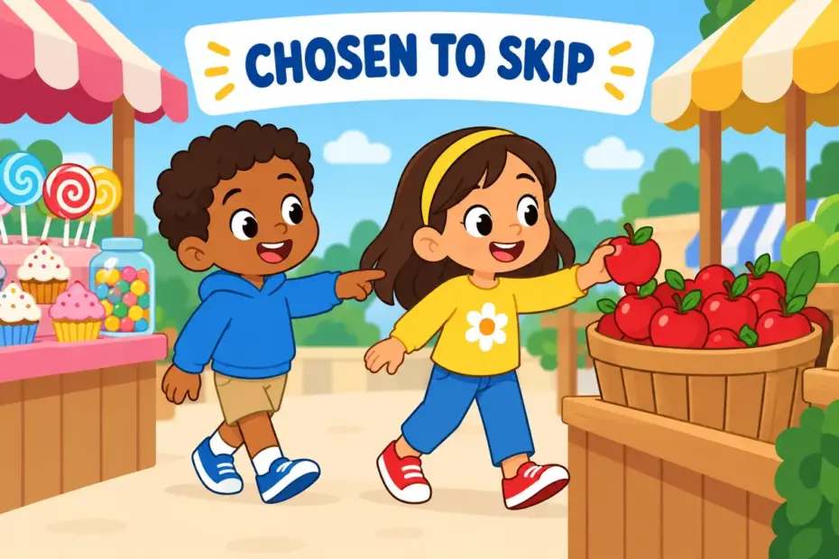 Cartoon child walks past a sweet stall and picks an apple instead, showing eschew in a sentence as a principled choice.