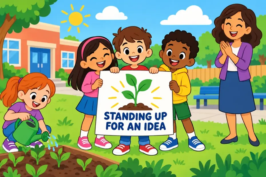 Cartoon pupils raise a sign supporting a school garden, illustrating espouse in a sentence as publicly backing a belief.
