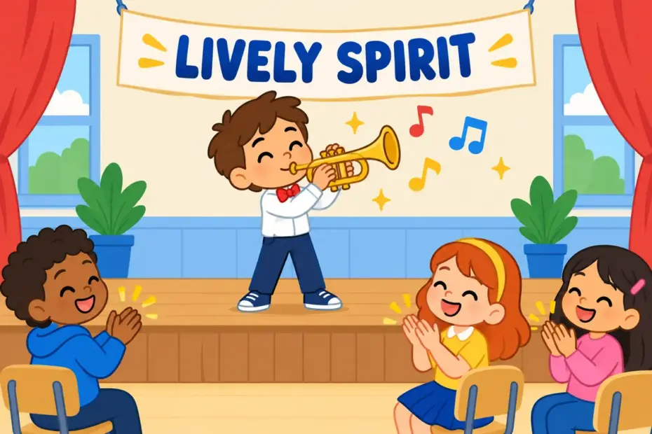 Cartoon children clap as a classmate plays a trumpet with sparkles, showing esprit in a sentence as lively spirit.