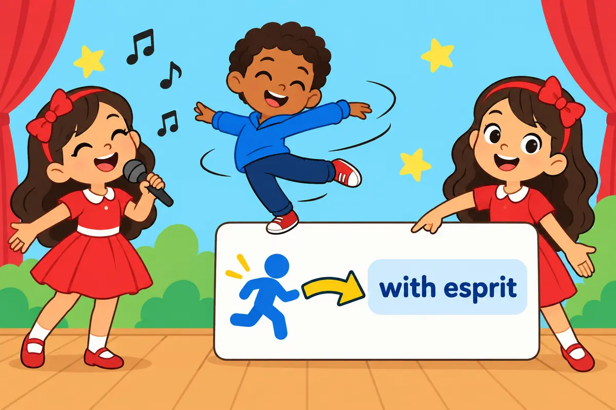 A cartoon singer, dancer and speaker each stand beside a card reading with esprit after the verb.