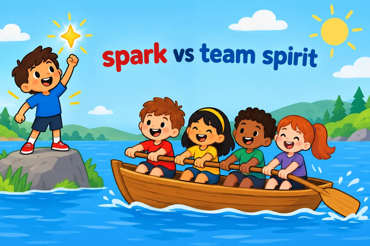 A cartoon split contrasts one glowing child labelled esprit with a whole boat crew rowing in time.
