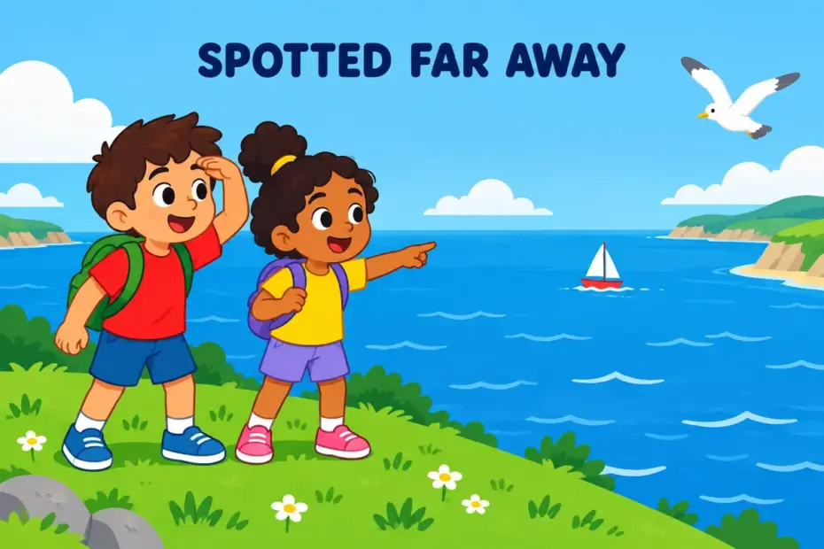 Two cartoon children on a hill shade their eyes to espy a tiny boat, showing espy in a sentence.