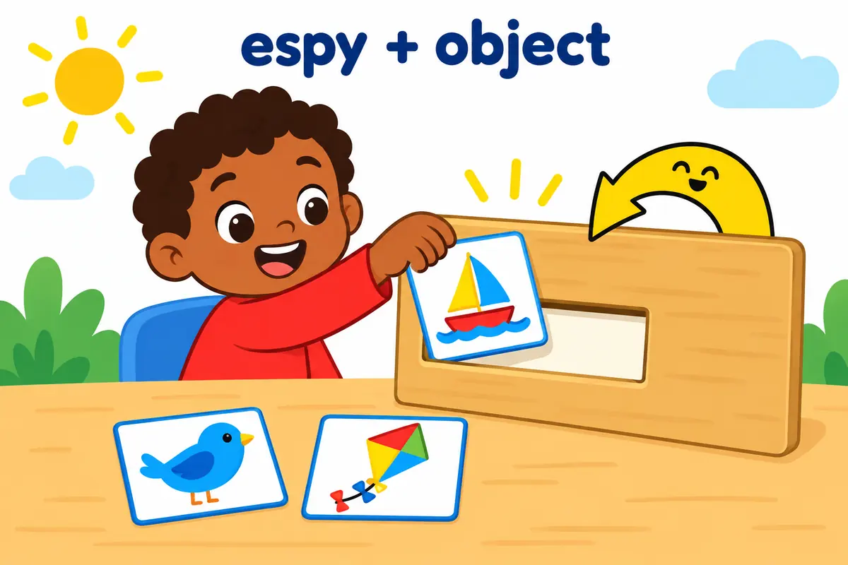 A cartoon child slots picture cards of a boat, a bird and a kite into the object slot after the verb espy.