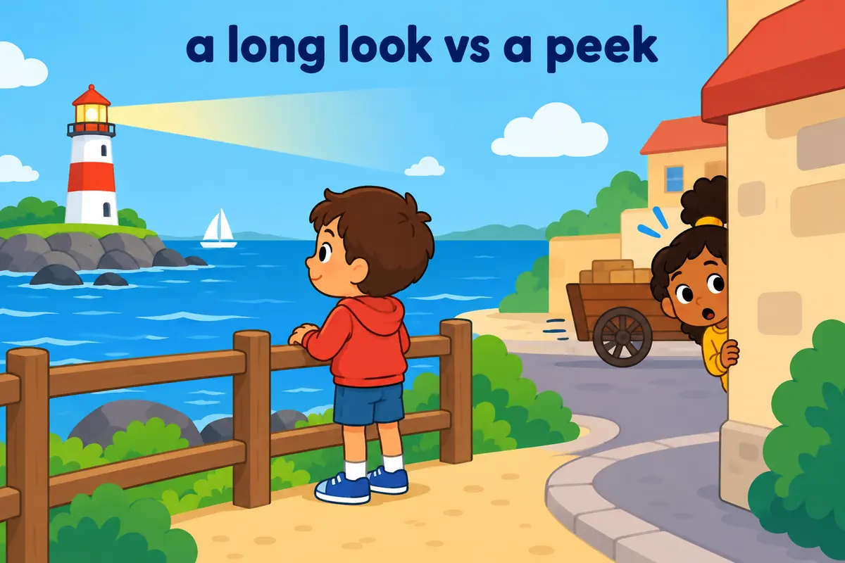 A cartoon single scene contrasts a child watching a steady distant lighthouse with a child catching a one-second peek of a passing cart.