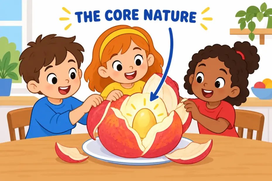 Cartoon children peel back the layers of a large fruit to reveal a glowing stone at its centre, illustrating essence in a sentence.