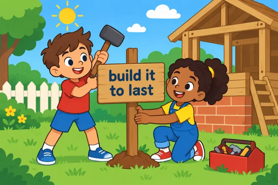 Cartoon children plant a signpost and lay a firm foundation for a clubhouse, illustrating establish in a sentence.