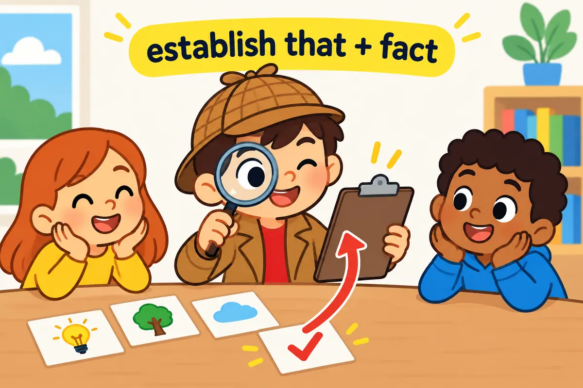 Cartoon detective child points at a clipboard while a magnifying glass reveals a check mark, showing establish that a fact is true.
