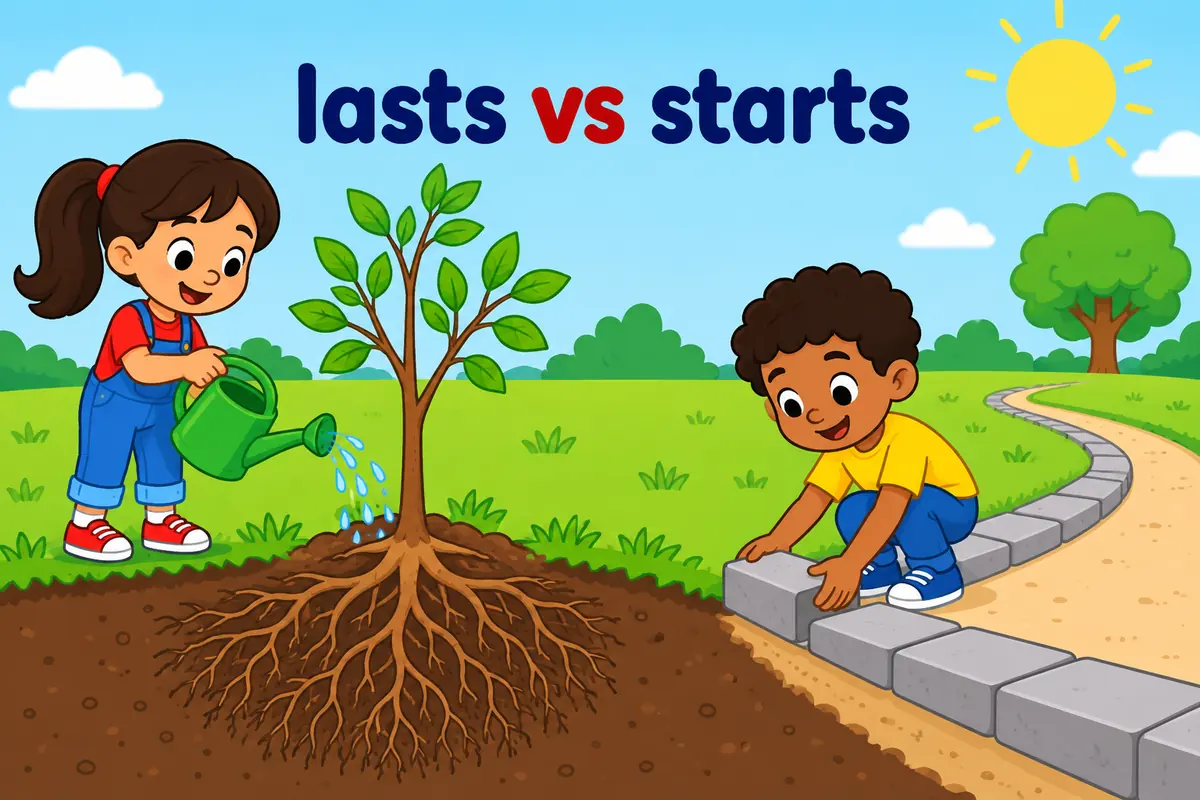 Cartoon single scene contrasts a child tending a growing tree nearby with a child placing one foundation stone alongside.