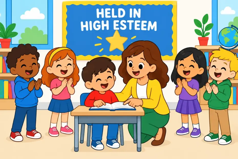 Cartoon pupils applaud a kind teacher who helps a classmate, illustrating esteem in a sentence as respect held for others.