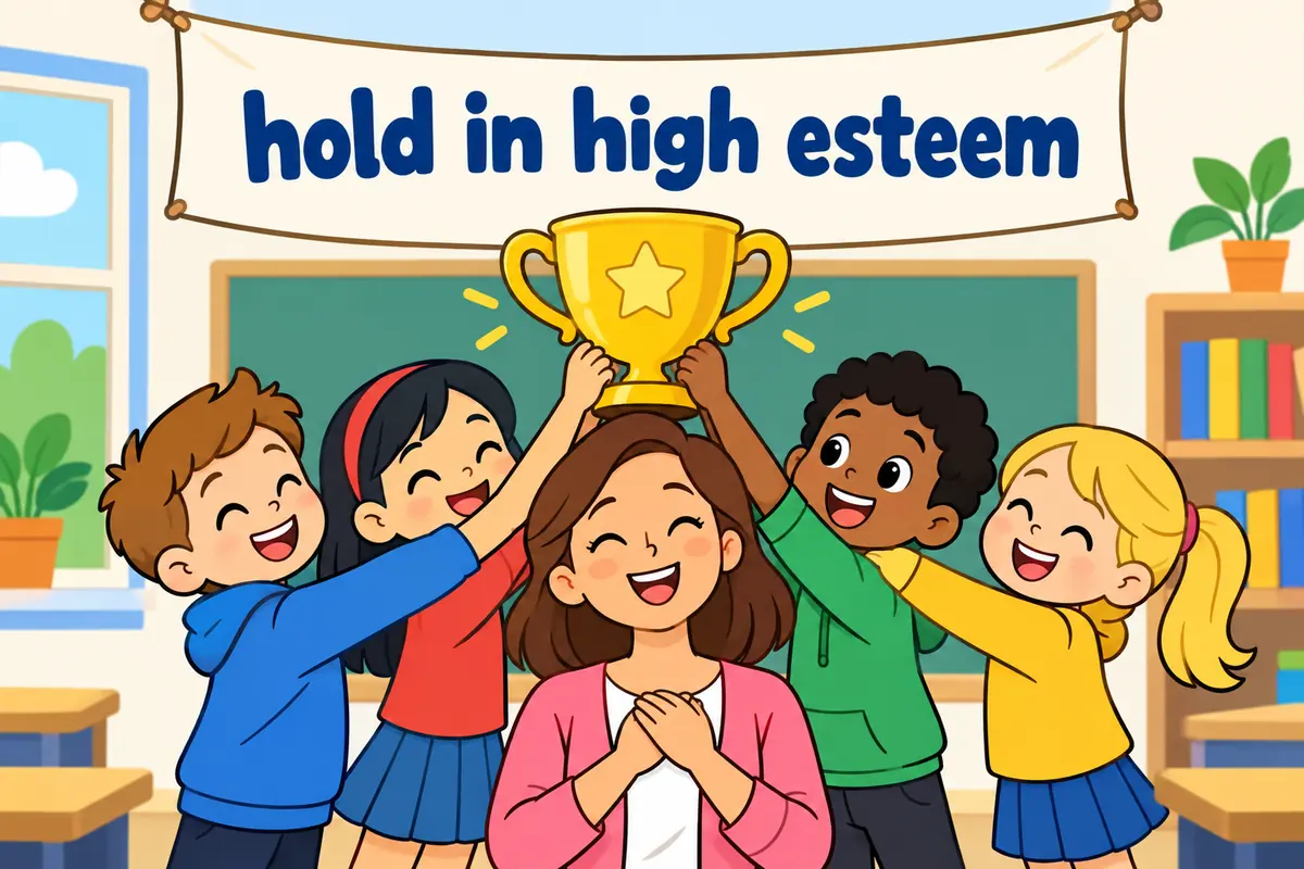 Cartoon children raise a large trophy above a smiling teacher, showing esteem used in the frame hold in high esteem.
